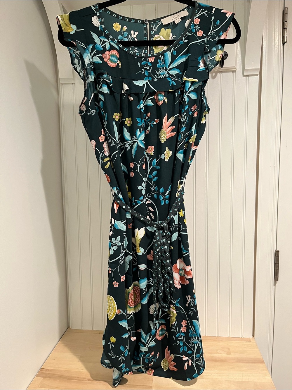 LOFT Dark Green Floral Midi Dress with Belt